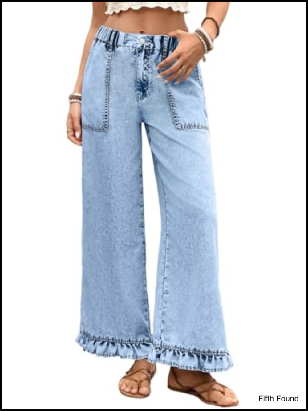 Wide Leg Jeans High Waist Ruffle Hem Pull On Denim Pants